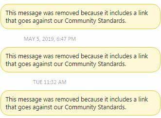 Screenshot of the message Facebook gave us telling us that the message I had sent had been removed