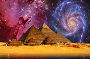 The three Great Pyramids on a background of the cosmos in two colors: purple and burgundy