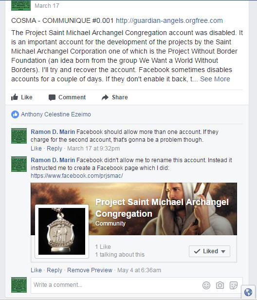 Pantallazo del comunicado #0.001 posteado en el grupo Facebook 'Project Saint Michael Archangel Congregation'