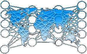 A map of the world at the background and, at the front, a network with circles of equal size