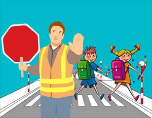 A traffic controller stopping the traffic for the children to cross