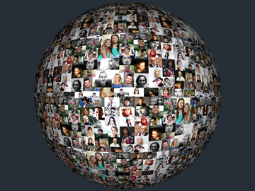 A  globe covered with pictures of many people